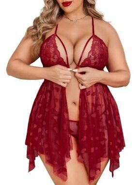 BRAND NEW Plus Size Lingerie Lace Babydoll Wine Red
